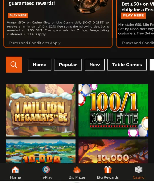 AK Bets casino tiles for 1 Million Megaways BC and 100/1 Roulette