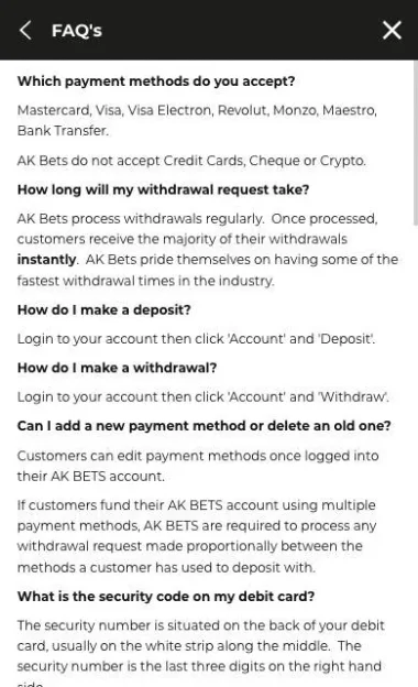 AK Bets FAQ on accepted payment methods, deposits and withdrawals