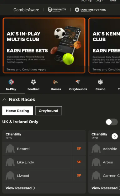 AK Bets mobile app showing next races for the UK and Ireland