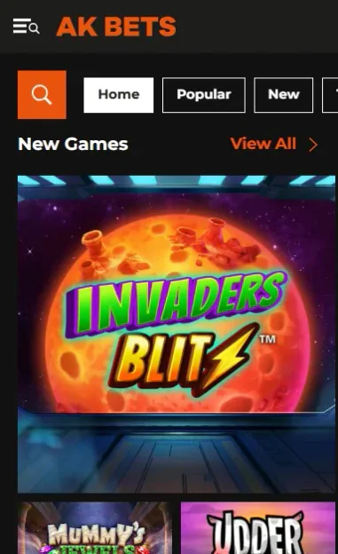 New Games row in the AK Bets casino lobby with Invaders Blitz